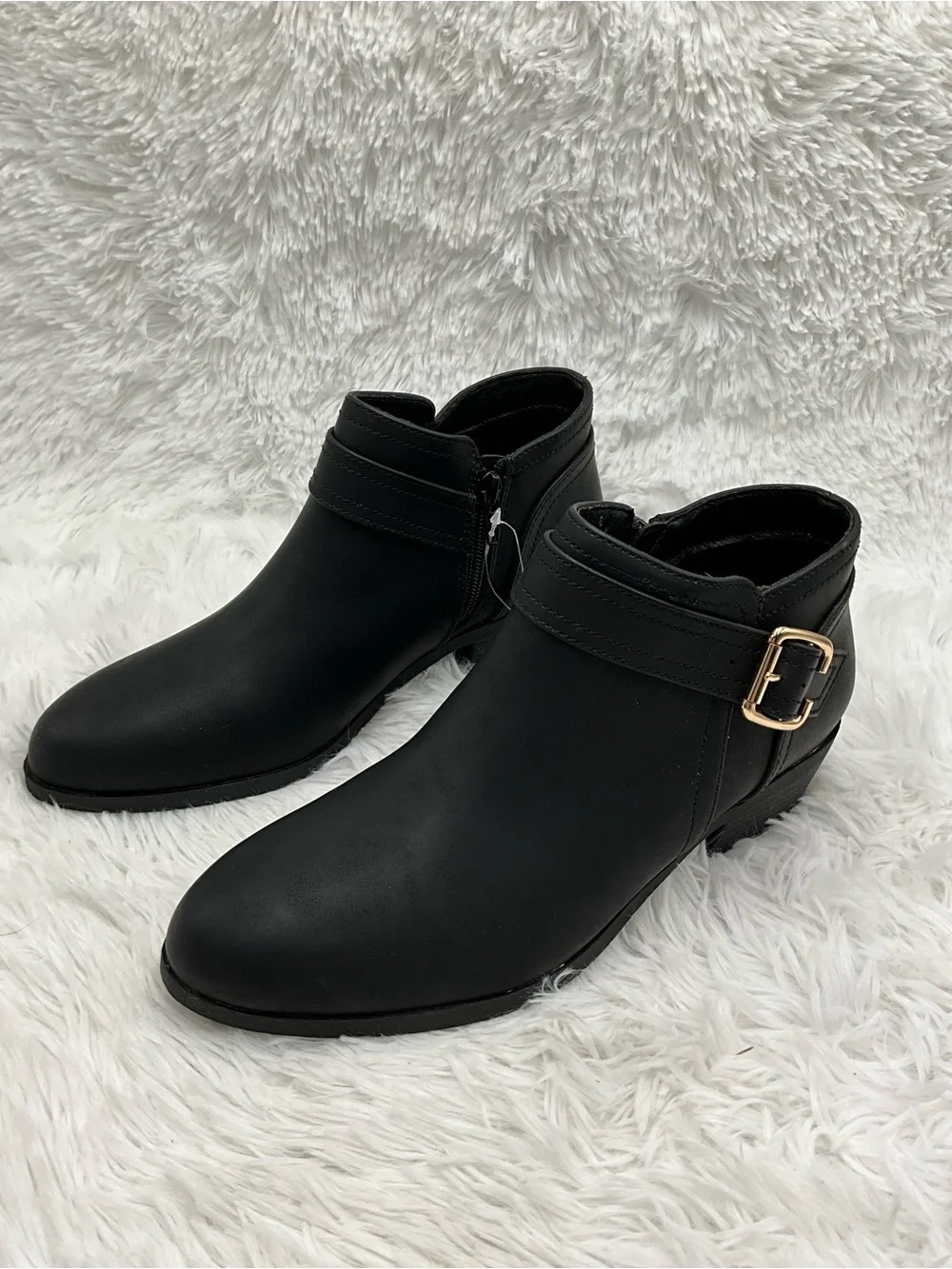 Athlefit Booties Size 8 Black Ankle Booties Gold Tone Buckle Accent Side Zip